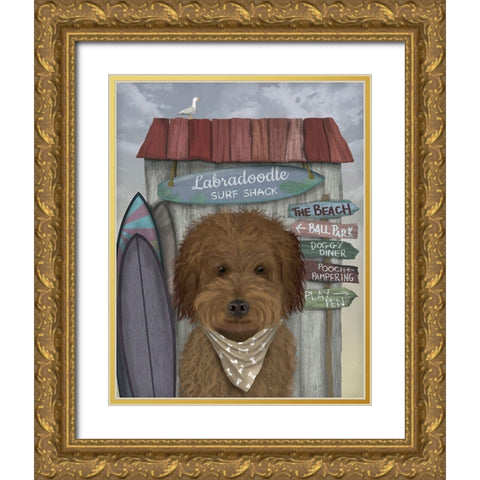 Labradoodle, Brown, Surf Shack Gold Ornate Wood Framed Art Print with Double Matting by Fab Funky
