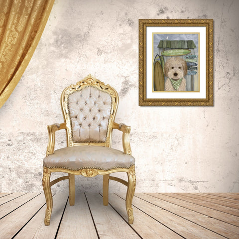 Labradoodle, Cream, Surf Shack Gold Ornate Wood Framed Art Print with Double Matting by Fab Funky