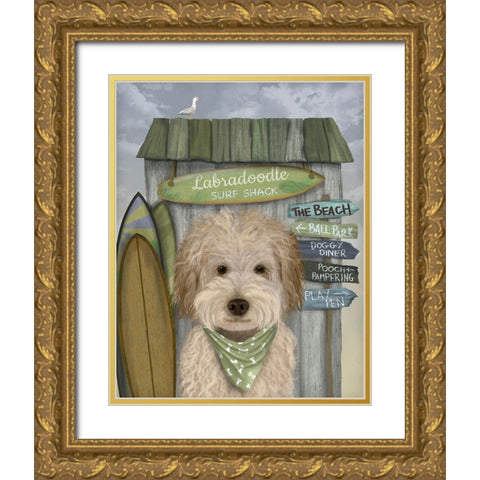 Labradoodle, Cream, Surf Shack Gold Ornate Wood Framed Art Print with Double Matting by Fab Funky