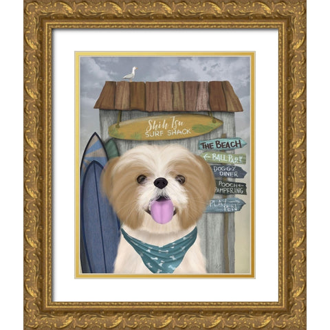 Shih Tsu Surf Shack Gold Ornate Wood Framed Art Print with Double Matting by Fab Funky