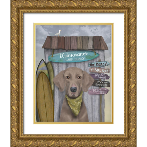 Weimaraner Surf Shack Gold Ornate Wood Framed Art Print with Double Matting by Fab Funky