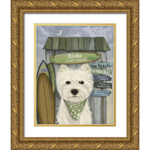 Westie Surf Shack Gold Ornate Wood Framed Art Print with Double Matting by Fab Funky