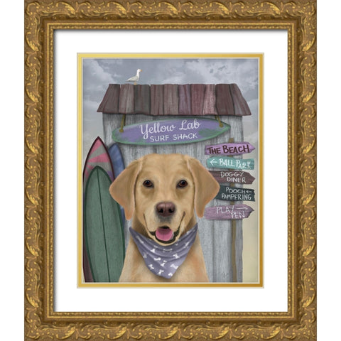 Yellow Labrador Surf Shack Gold Ornate Wood Framed Art Print with Double Matting by Fab Funky