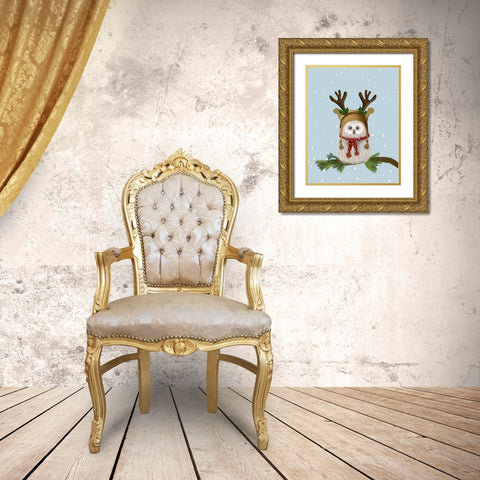 Christmas Fluffy Owl and Antlers Gold Ornate Wood Framed Art Print with Double Matting by Fab Funky
