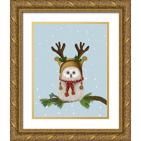 Christmas Fluffy Owl and Antlers Gold Ornate Wood Framed Art Print with Double Matting by Fab Funky