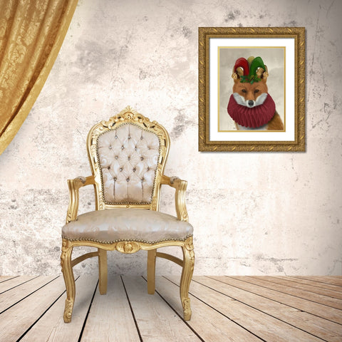 Christmas Foxy Christmas Fool Gold Ornate Wood Framed Art Print with Double Matting by Fab Funky
