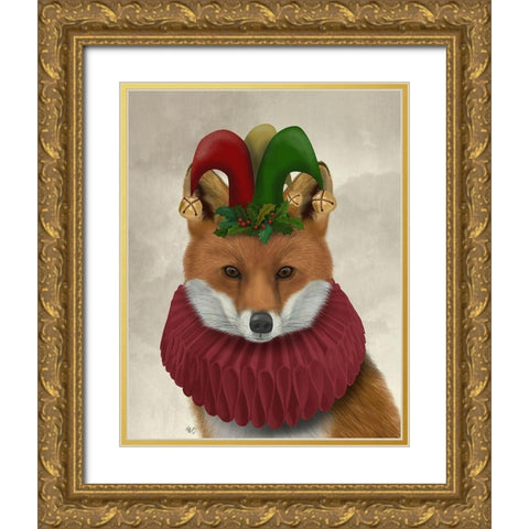 Christmas Foxy Christmas Fool Gold Ornate Wood Framed Art Print with Double Matting by Fab Funky