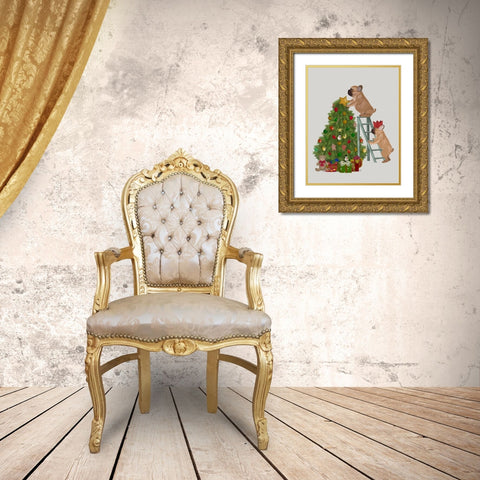 Christmas French Bulldog Tree Ladder Gold Ornate Wood Framed Art Print with Double Matting by Fab Funky