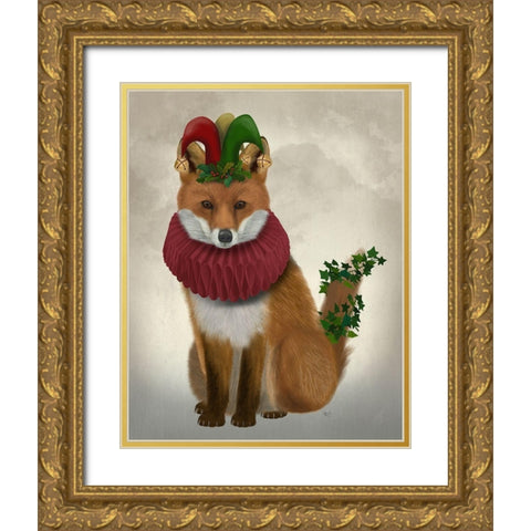 Christmas Holly and Ivy Fox Gold Ornate Wood Framed Art Print with Double Matting by Fab Funky