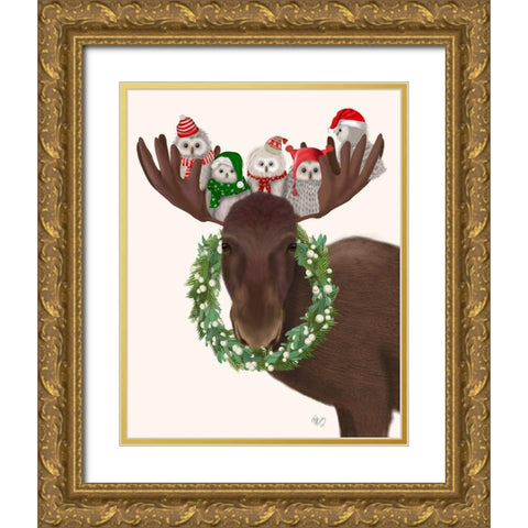 Christmas Moose and Christmas Owls Gold Ornate Wood Framed Art Print with Double Matting by Fab Funky
