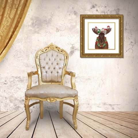 Christmas Moose and Christmas Owls Forward Gold Ornate Wood Framed Art Print with Double Matting by Fab Funky