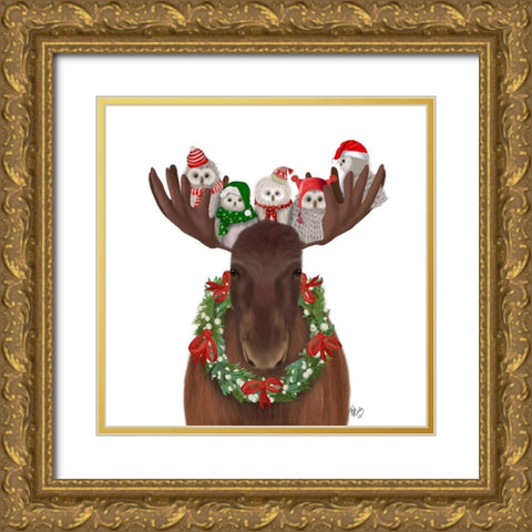 Christmas Moose and Christmas Owls Forward Gold Ornate Wood Framed Art Print with Double Matting by Fab Funky
