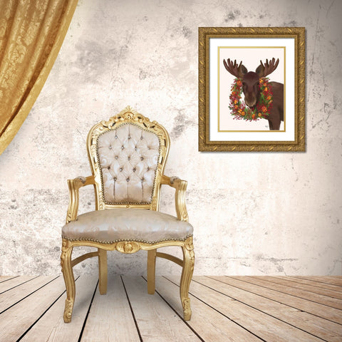 Christmas Moose and Cranberry Wreath Gold Ornate Wood Framed Art Print with Double Matting by Fab Funky