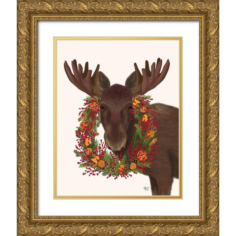 Christmas Moose and Cranberry Wreath Gold Ornate Wood Framed Art Print with Double Matting by Fab Funky