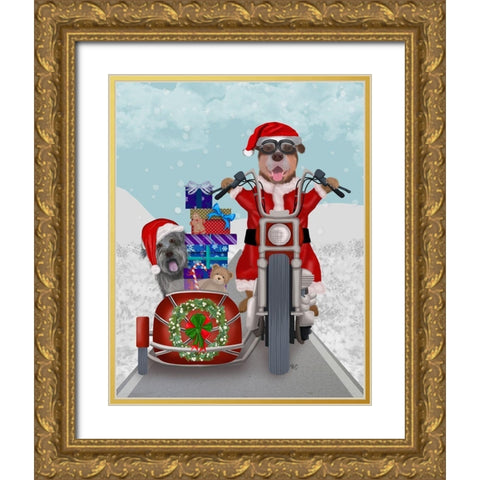 Christmas Mutts Christmas Chopper Gold Ornate Wood Framed Art Print with Double Matting by Fab Funky