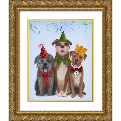 Christmas Party Mutts Gold Ornate Wood Framed Art Print with Double Matting by Fab Funky