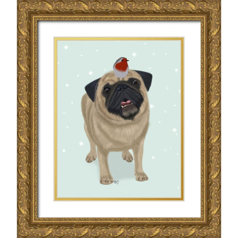 Christmas Pug and Robin Gold Ornate Wood Framed Art Print with Double Matting by Fab Funky