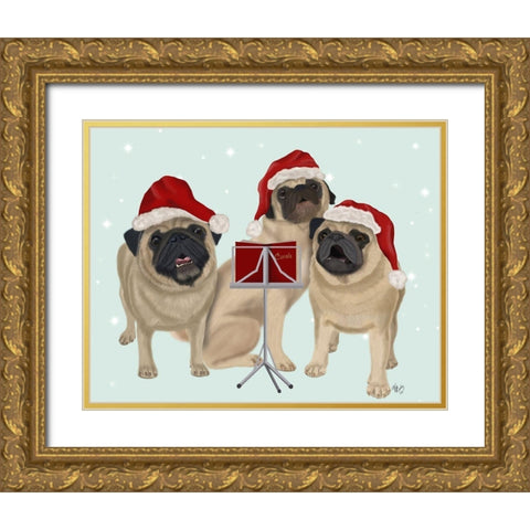 Christmas Pug Trio Carolling Gold Ornate Wood Framed Art Print with Double Matting by Fab Funky