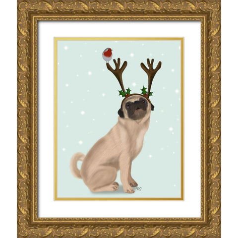 Christmas Pug with Antlers and Robin Gold Ornate Wood Framed Art Print with Double Matting by Fab Funky