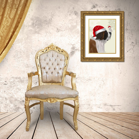 Christmas St Bernard and Fluffy Owl Gold Ornate Wood Framed Art Print with Double Matting by Fab Funky