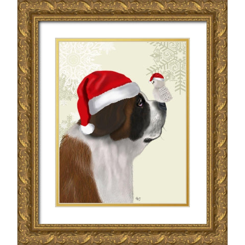 Christmas St Bernard and Fluffy Owl Gold Ornate Wood Framed Art Print with Double Matting by Fab Funky