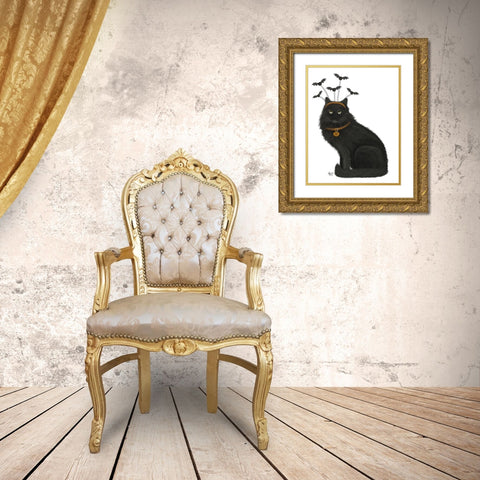 Halloween Black Cat and Bats Gold Ornate Wood Framed Art Print with Double Matting by Fab Funky