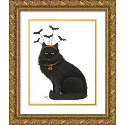 Halloween Black Cat and Bats Gold Ornate Wood Framed Art Print with Double Matting by Fab Funky