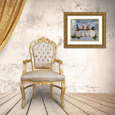 Halloween Halloween Owls on Branch Gold Ornate Wood Framed Art Print with Double Matting by Fab Funky