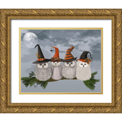Halloween Halloween Owls on Branch Gold Ornate Wood Framed Art Print with Double Matting by Fab Funky