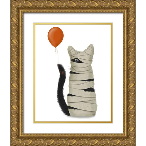 Halloween Mummy Cat Gold Ornate Wood Framed Art Print with Double Matting by Fab Funky