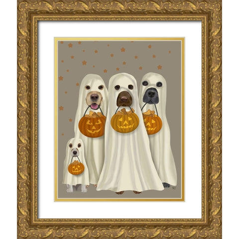 Halloween Trick or Treat Dogs Gold Ornate Wood Framed Art Print with Double Matting by Fab Funky