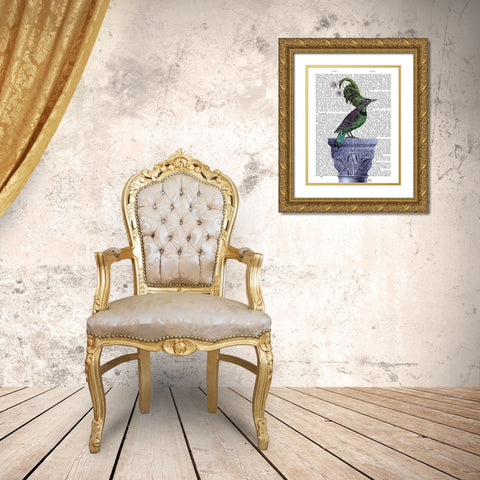 Bird on Blue Plinth Gold Ornate Wood Framed Art Print with Double Matting by Fab Funky