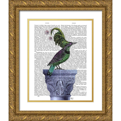 Bird on Blue Plinth Gold Ornate Wood Framed Art Print with Double Matting by Fab Funky