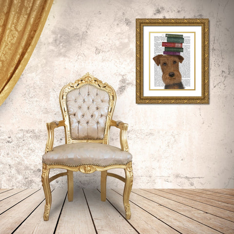 Airedale and Books Gold Ornate Wood Framed Art Print with Double Matting by Fab Funky