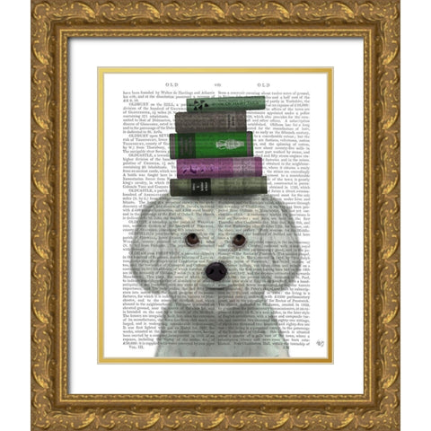 Bichon Frise and Books Gold Ornate Wood Framed Art Print with Double Matting by Fab Funky