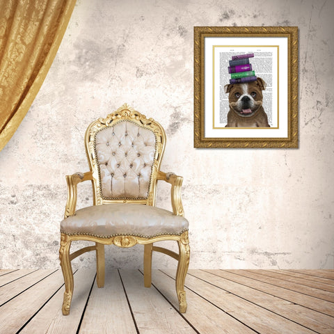 English Bulldog And Books Gold Ornate Wood Framed Art Print with Double Matting by Fab Funky