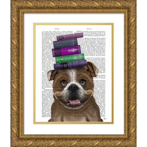 English Bulldog And Books Gold Ornate Wood Framed Art Print with Double Matting by Fab Funky