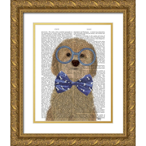 Cockerpoo, Blonde, with Glasses and Bow Tie Gold Ornate Wood Framed Art Print with Double Matting by Fab Funky