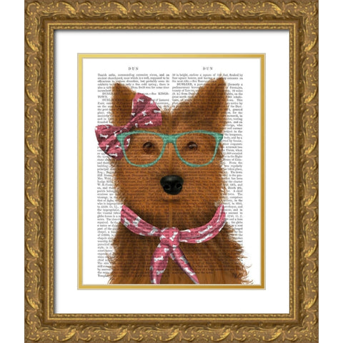 Yorkshire Terrier with Glasses and Scarf Gold Ornate Wood Framed Art Print with Double Matting by Fab Funky