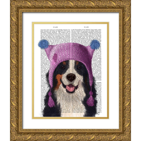 Bernese And Bobble Hat Gold Ornate Wood Framed Art Print with Double Matting by Fab Funky