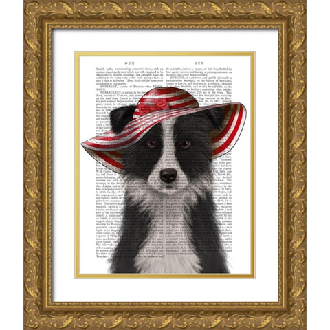 Border Collie in Red and White Floppy Hat Gold Ornate Wood Framed Art Print with Double Matting by Fab Funky