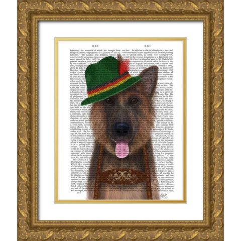 German Shepherd Lederhosen Gold Ornate Wood Framed Art Print with Double Matting by Fab Funky
