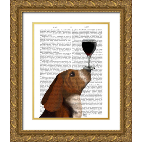 Dog Au Vin, Basset Hound Gold Ornate Wood Framed Art Print with Double Matting by Fab Funky