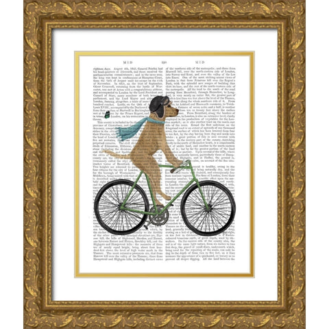 Yellow Labrador in Flying Helmet on Bicycle Gold Ornate Wood Framed Art Print with Double Matting by Fab Funky