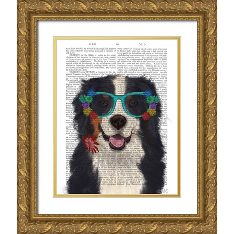 Bernese and Flower Glasses  Gold Ornate Wood Framed Art Print with Double Matting by Fab Funky