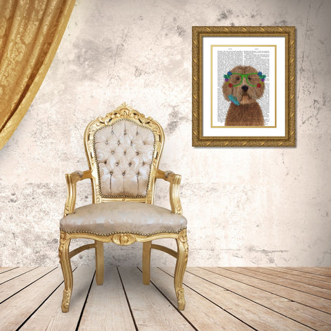 Labradoodle Golden and Flower Glasses Gold Ornate Wood Framed Art Print with Double Matting by Fab Funky