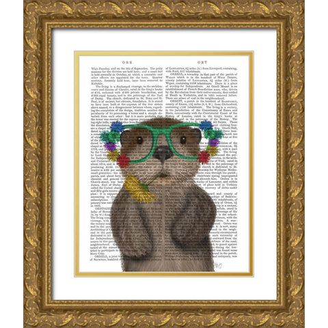 Otter and Flower Glasses Gold Ornate Wood Framed Art Print with Double Matting by Fab Funky