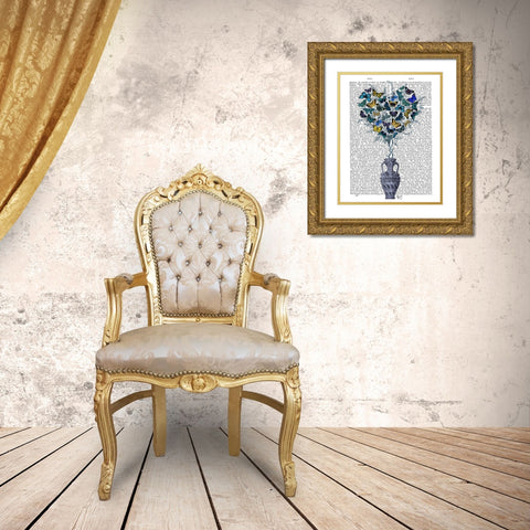 Butterfly Heart Bush, Blue and Yellow Gold Ornate Wood Framed Art Print with Double Matting by Fab Funky