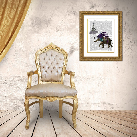 Elephant and Umbrella Gold Ornate Wood Framed Art Print with Double Matting by Fab Funky