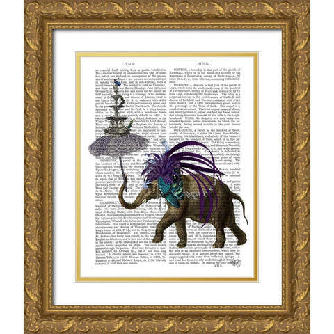 Elephant and Umbrella Gold Ornate Wood Framed Art Print with Double Matting by Fab Funky